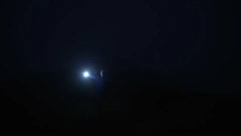 Searching at night, a man with a flashlight in complete darkness Stock Footage 238393520