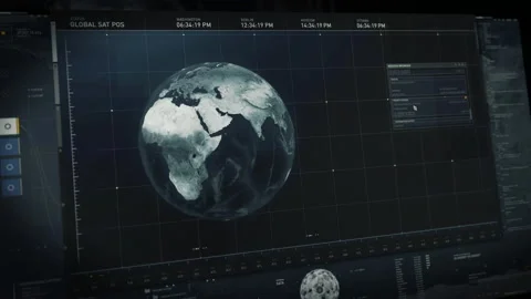 Searching Tech Ui Connects To Space Satellite For Analysis Of Target AIrport Video stock 198879647
