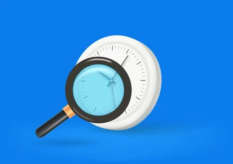 Searching for time concept with clock and magnifier. 3d vector illustration Stock Illustration
