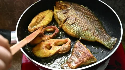 Seared Fish Cooked On Pan Frying. Slow Motion Fish Fry Stock Footage 202055230