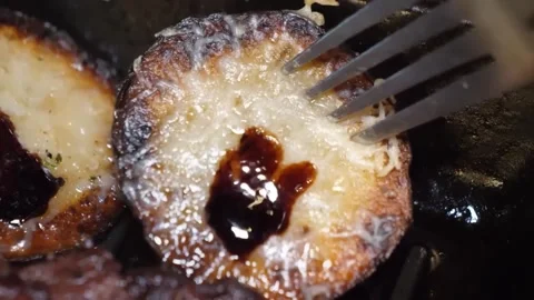 Seared Scallop with Melted Cheese and Sauce Being Pierced by a Fork 스톡 동영상 332817543