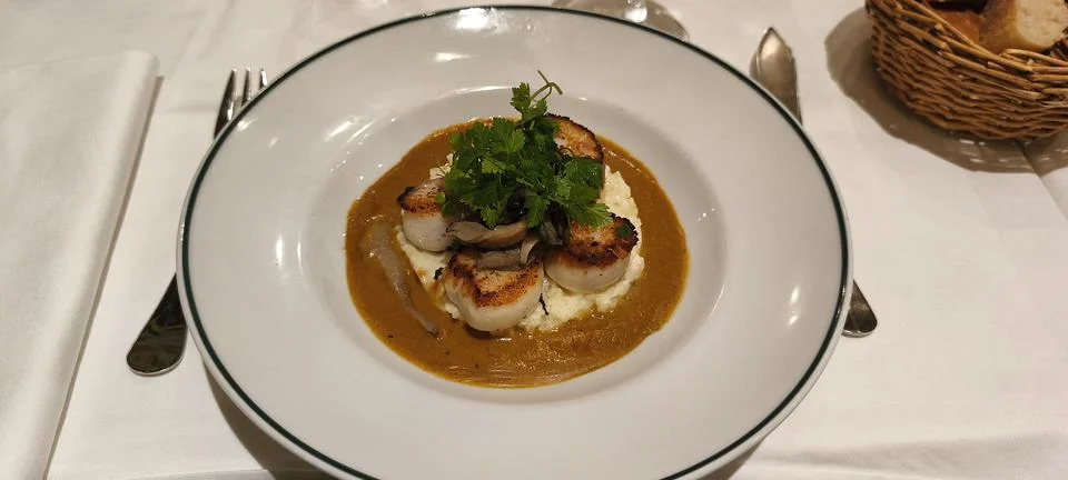 Seared Scallops Serving Creamy Risotto Gourmet Dish 4K Stock Photos