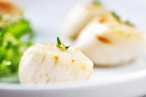 Seared Scallops with Side Salad on a plate Stock Photos