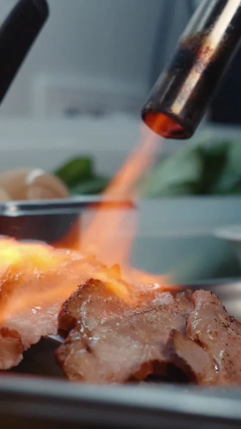 Searing Meat with a Culinary Blowtorch Close up Stock Footage 342717071