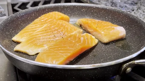 Searing Salmon Fillets Stock Footage 318545355