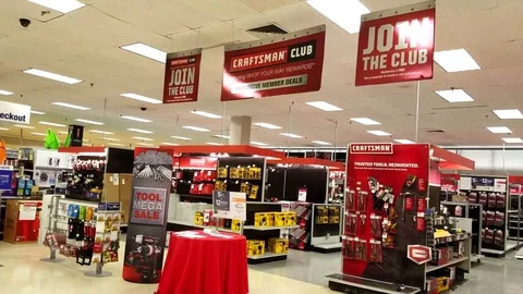 Sears retail store, Craftsman tools floor display, escalator view Stock Footage 79859343