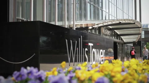 Sears/Willis Tower Pan Down from Flags to Flowers Stock Footage 50415861