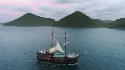 Seascape aerial historical European galleon ship voyage at Saint Lucian island Stock Footage
