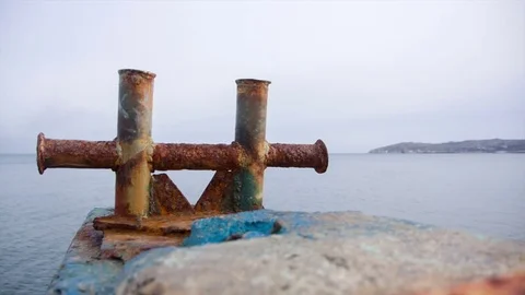 Seascape on background rusty bollard Stock-Footage 75625914