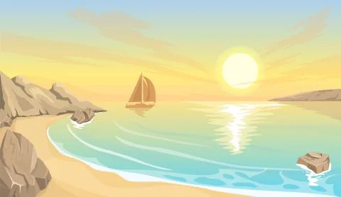 Seascape bay sunset Stock Illustration