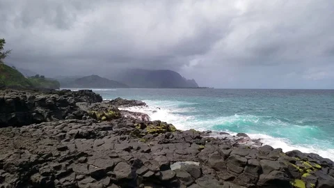 Seascape Breaking Waves on Black Lava Rock Stock Footage 105886036