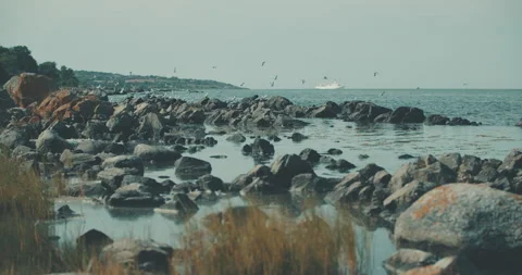 Seascape cliffs ocean seagulls slowmotion ship at horizon sunny 4k 스톡 동영상 153500071