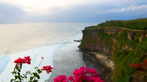 Seascape dark ocean background wave splash on rock. Tropical sea beach in summer Stock Footage 281506178