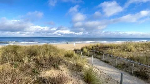 Seascape with dunes, sandy beach and blue sea Stock Footage 297612980