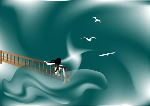 Seascape with gulls Stock Illustration