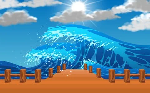 Seascape of high wave at the bridge Stock Illustration