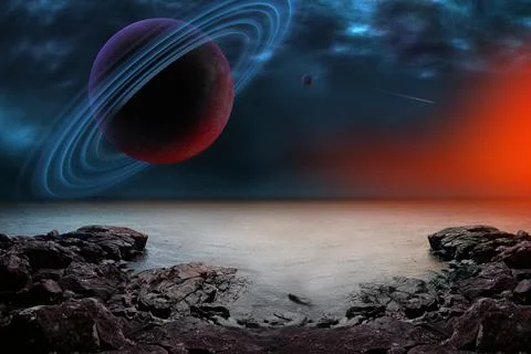 Seascape landscape in outer space showing the beauty of space concept serie.. 스톡 일러스트