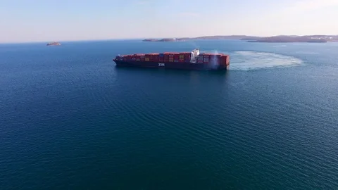 Seascape with a large container ship on the background of the sea. Stock Footage 107089757