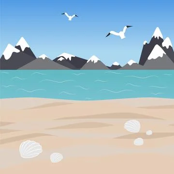 Seascape with mountain range and flying seagulls Stock Illustration