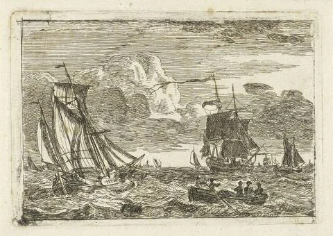 . Seascape with the right to the foreground a sloop with five people in it... Stock Photos