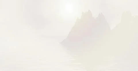 Seascape rocks fog sun light background. 3D rendering 3D illustration Illustrazione stock