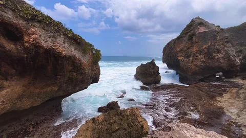 Seascape, rocks, sun, clouds, stone, horizon, coastline, beach Stock Footage 237016563