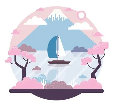 Seascape with a sailboat and mountain - flat illustration Stock Illustration