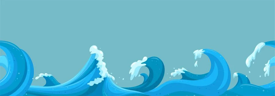 Seascape seamless horizontal pattern with waves. Stormy water surface. Vector Stock Illustration