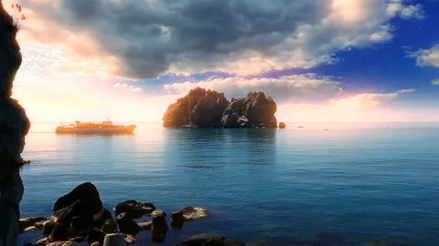 Seascape. ship on a sunset background. Stock Footage 122680731