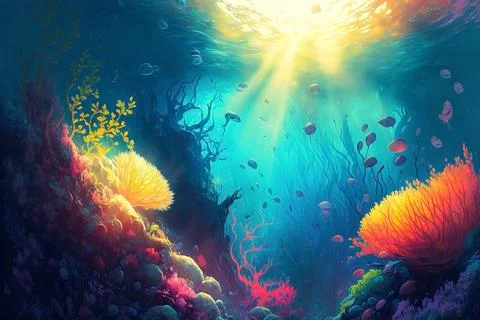 Seascape of soft coral, digital art. Sun rays through water, fantasy Stock Illustration