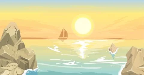 Seascape with sunset Illustrazione stock