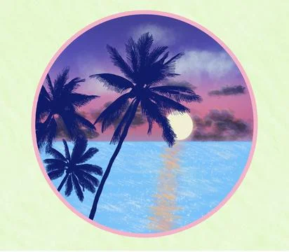 Seascape, sunset with the palms in round shape Stock Illustration
