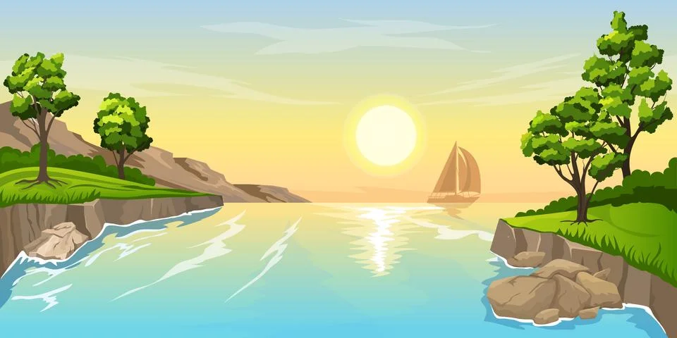 Seascape sunset with ship Stock Illustration