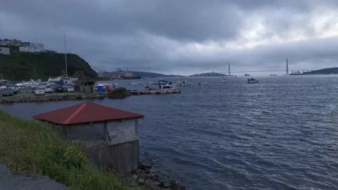 Seascape with a view of the Russian bridge. Stock Footage 136992275