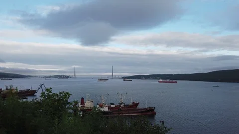 Seascape with views of the Russian bridge and ships. Vladivostok, Russia Video stock 112976409