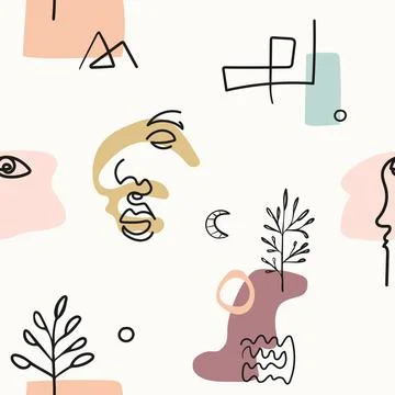 SeaSeamless pattern of abstract shapes, lines, trees and faces in line art style Illustrazione stock