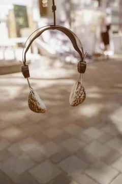 Seashell accessory on a sidewalk under bright daylight. Concept of ecological Stock Photos