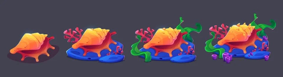 Seashell with algae and coral progress steps イラスト素材
