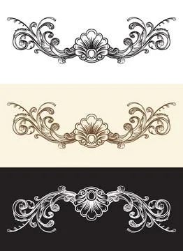 Seashell and abstract leaves engraving scroll design element vector Illustrazione stock