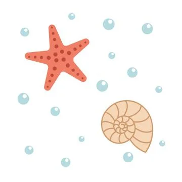 Seashell and starfish flat vector illustration isolated on white background Stock Illustration