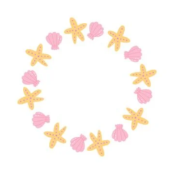Seashell and starfish frame cute cartoon style with pastel colors nautical Stock Illustration