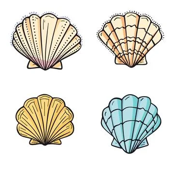 Seashell collection features various colorful scallop shells. Set sea shells Stock Illustration