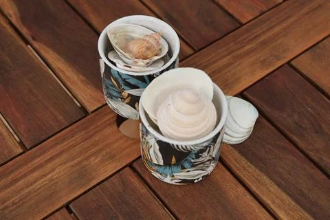 Seashell Collection Inside Patterned Ceramic Cups Фото