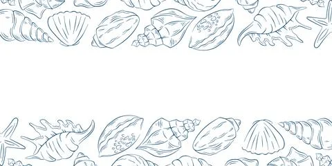 Seashell, coral, starfish horizontal border frame in line art style. Ocean Stock Illustration