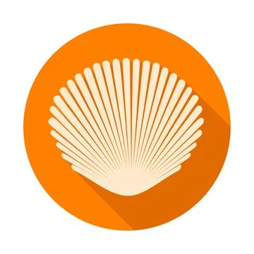 Seashell. Flat icon with long shadow on orange round background. Flat desig.. Stock Illustration