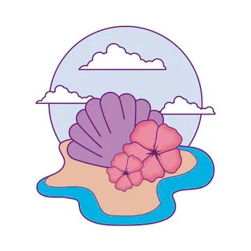 Seashell with flowers in beach Stock Illustration