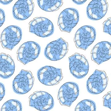 Seashell fossil seamless pattern in line art style. Undersea summer print in イラスト素材