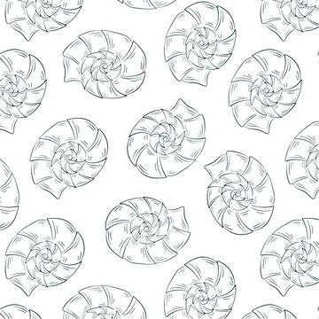 Seashell fossil seamless pattern in line art style. Undersea ocean print design Illustrazione stock