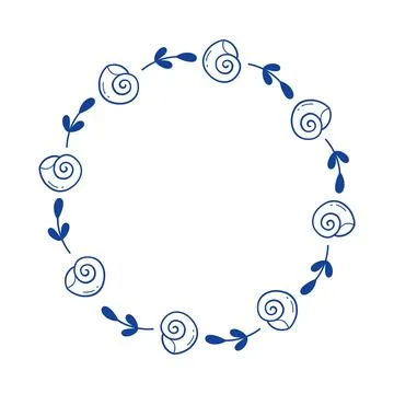 Seashell frame vector blue line art doodle round nautical wreath for summer 스톡 일러스트