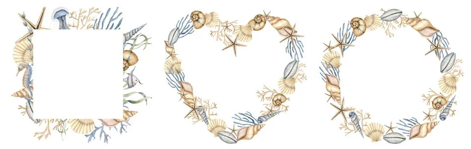 Seashell frames with starfish, corals and cockleshells for greeting cards or Stock Illustration